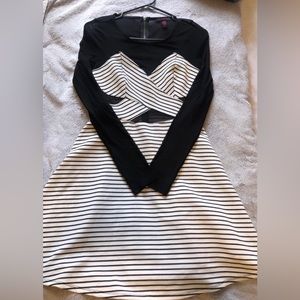Material Girl Dress Size Small Black White Stripe Skater Cut Out Mesh Sleeves